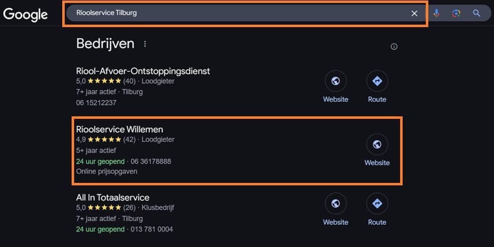 Blog Lokale SEO voorbeeld Google Rioolservice Willemen